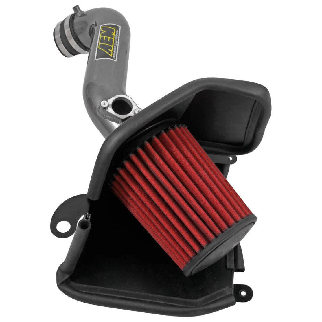 AEM 21-792C gunmetal gray mandrel-bent aluminum intake tube with a tapered synthetic Dryflow air filter and heat shield.