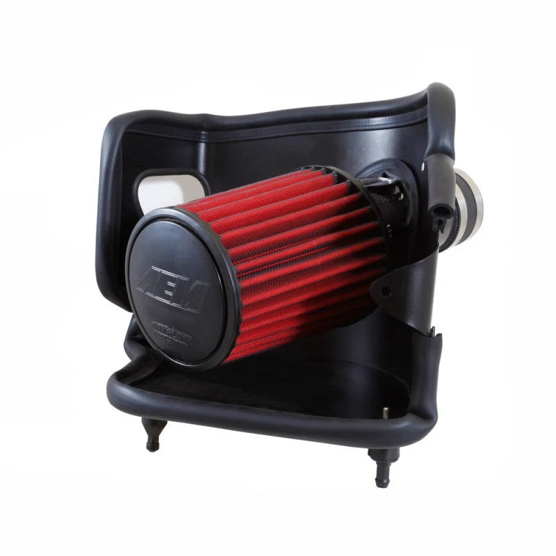 AEM 21-793C cold air intake featuring a gunmetal gray mandrel-bent aluminum tube, heat shield, and red air filter.