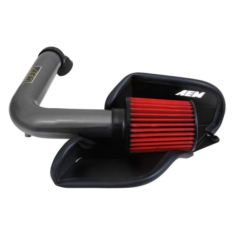 AEM 21-797C cold air intake kit with gunmetal gray aluminum tube and red Dryflow air filter for VW Jetta.