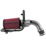 AEM 21-805C cold air intake featuring gunmetal gray mandrel-bent aluminum tubing and a red Dryflow synthetic air filter.