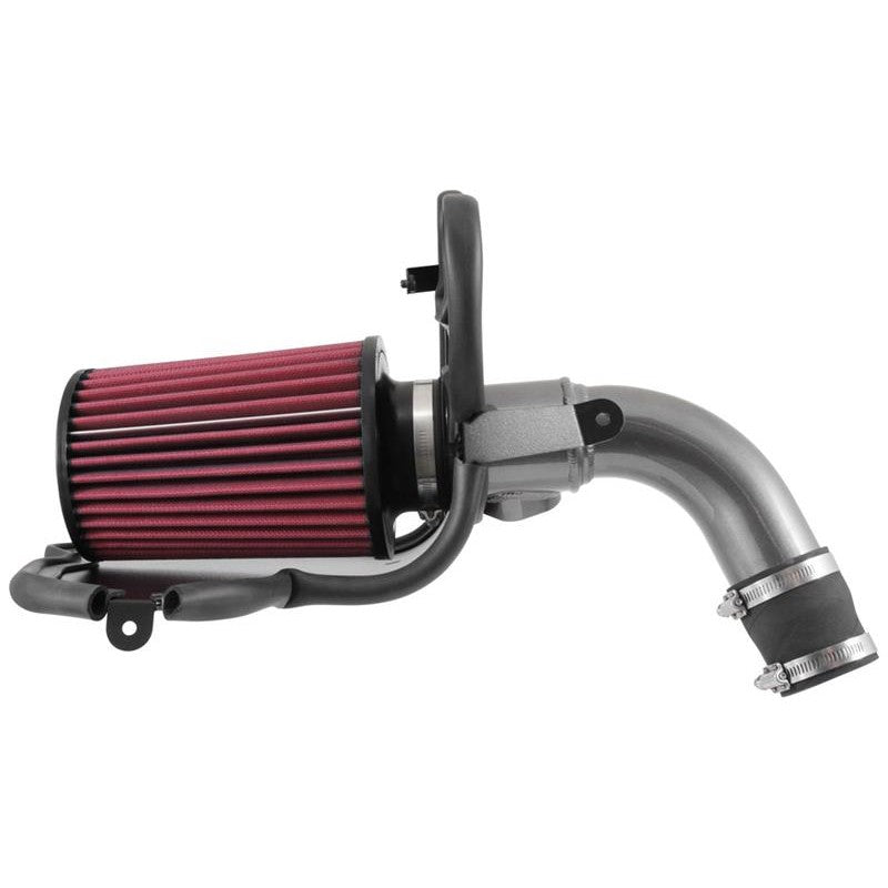 AEM 21-805C cold air intake featuring gunmetal gray mandrel-bent aluminum tubing and a red Dryflow synthetic air filter.