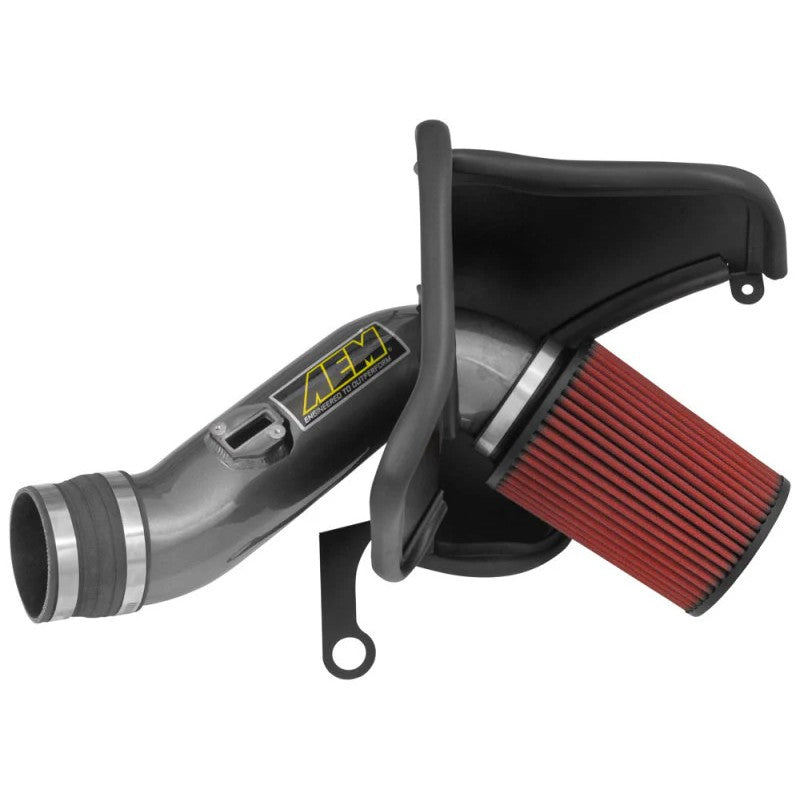 AEM gunmetal gray cold air intake system with mandrel-bent aluminum tube and red Dryflow air filter for Honda V6-3.5L.