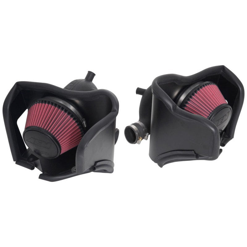 AEM 21-849DS cold air intake system featuring dual roto-molded tubes, heat shields, and red Dryflow synthetic air filters.