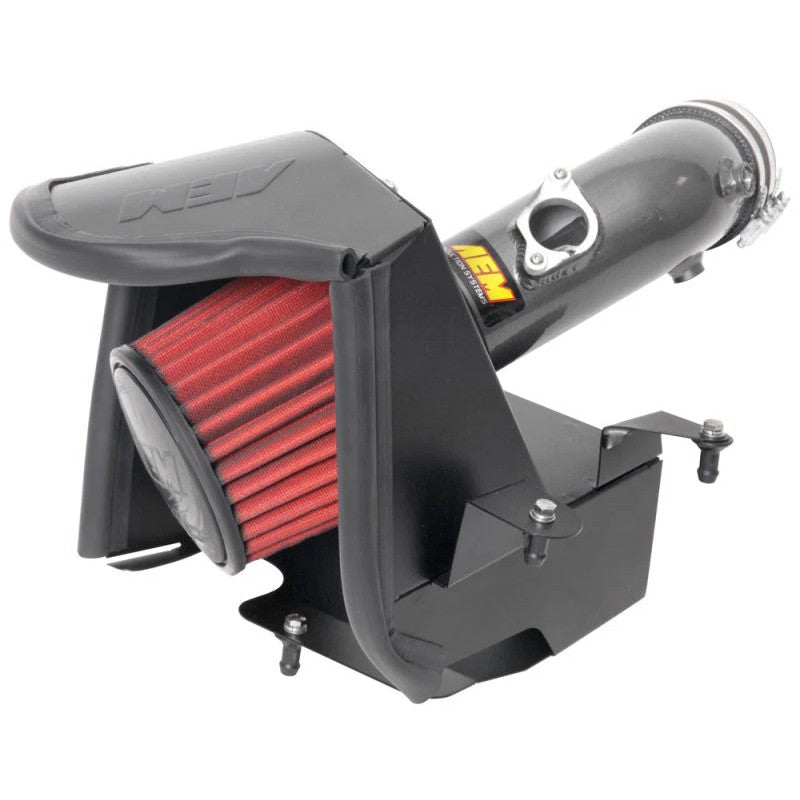 Gunmetal gray mandrel-bent aluminum air intake tube with AEM Dryflow air filter and custom heat shield for Toyota Camry.