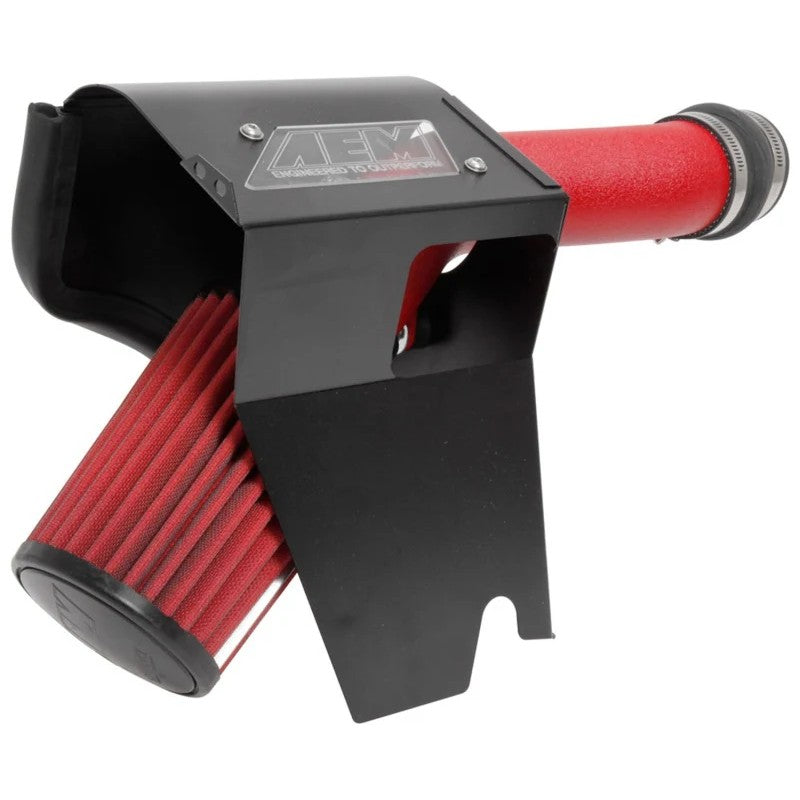 AEM wrinkle red mandrel-bent aluminum intake tube with a grey Dryflow air filter and black steel heat shield.