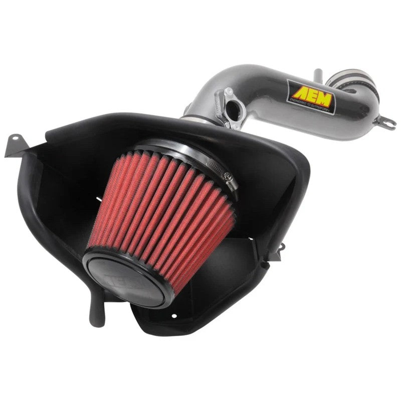 AEM performance air intake system with gunmetal gray mandrel-bent aluminum tube and conical oil-free Dryflow filter.