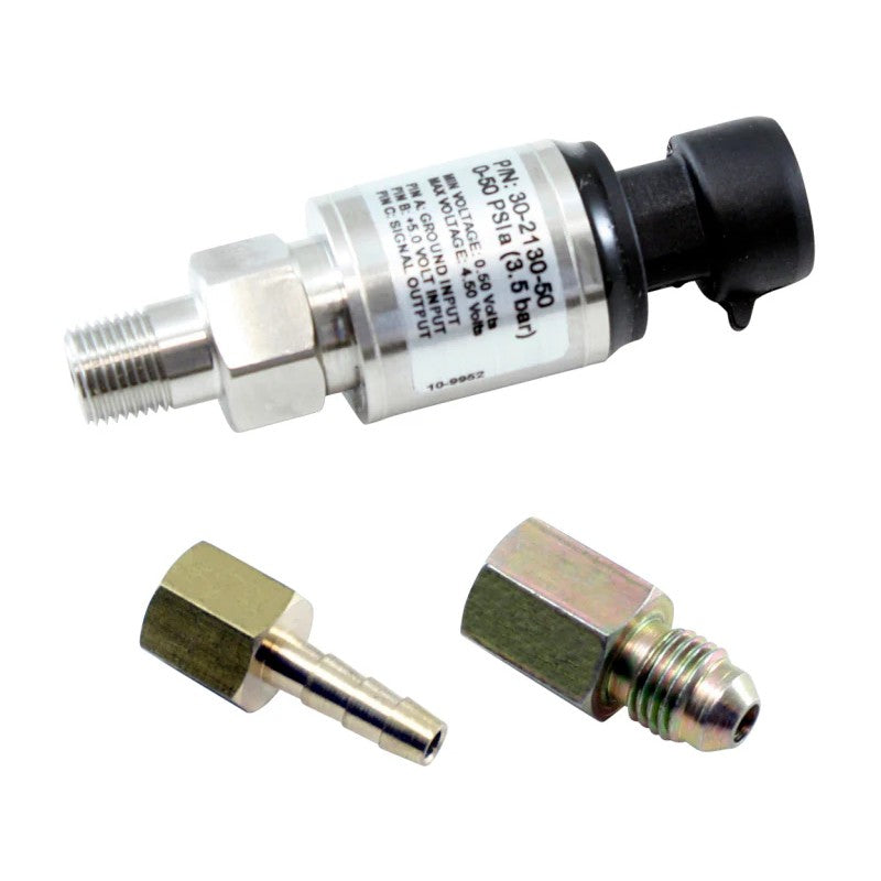 AEM 3.5 BAR stainless steel MAP sensor with wiring connector and 1/8 inch NPT to -4 AN adapter