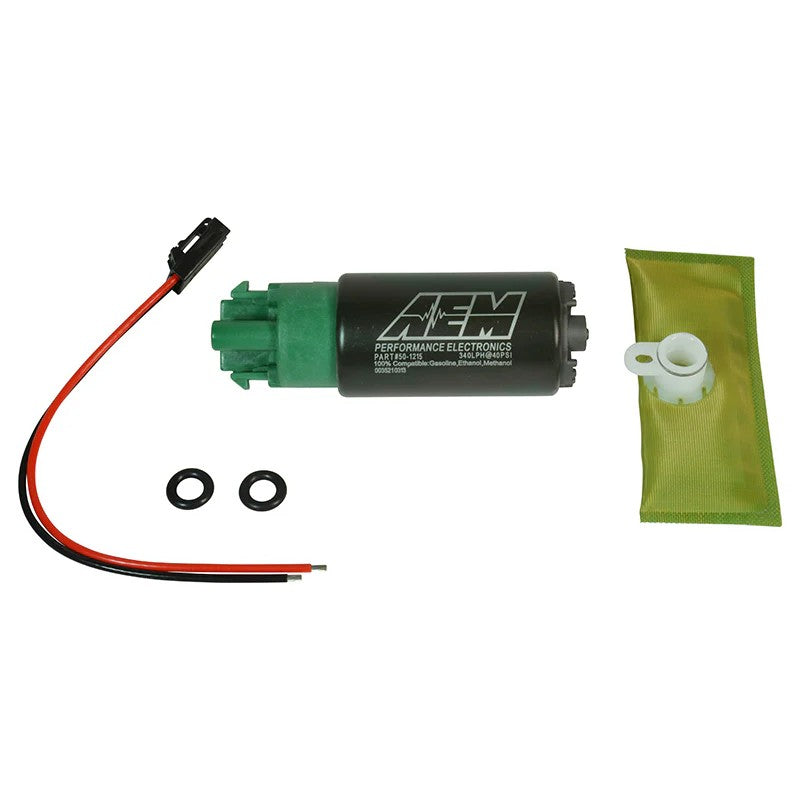 AEM 50-1215 fuel pump kit including the 340LPH pump, mesh pre-filter, rubber sleeve, and wiring harness.