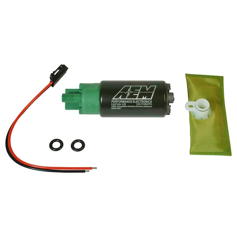 AEM 50-1220 340LPH E85-compatible fuel pump kit including pre-filter, wiring harness, and rubber buffer sleeve.