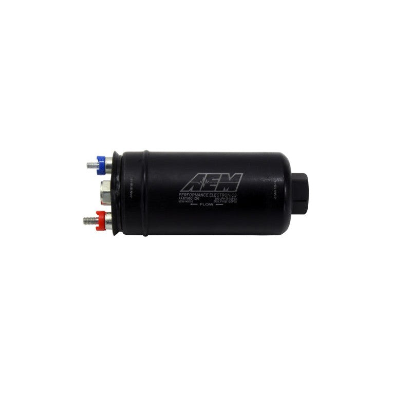AEM 50-1005 400LPH high-pressure inline fuel pump with black finish and AN female port connections.