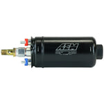 AEM 400LPH high-pressure inline fuel pump with M18x1.5 female inlet and M12x1.5 male outlet ports