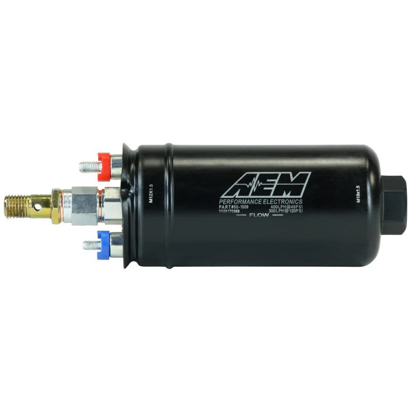 AEM 400LPH high-pressure inline fuel pump with M18x1.5 female inlet and M12x1.5 male outlet ports