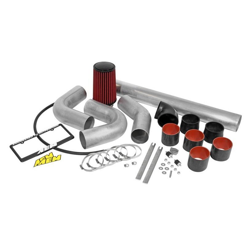 AEM 21-5011 universal 4-inch custom intake kit featuring aluminum tubes, red Dryflow filter, and black couplers.