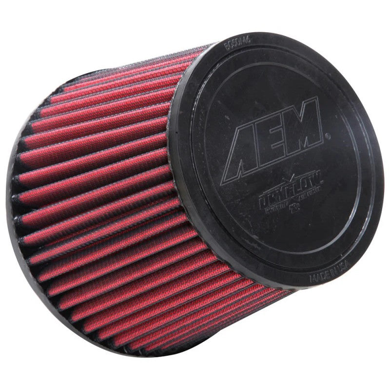 AEM Dryflow universal clamp-on synthetic air filter with 5x5 inch dimensions and black filter top.