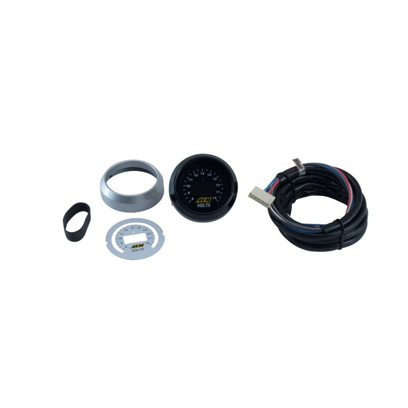AEM 30-4400 digital voltmeter gauge with 52mm black bezel and green LED voltage display.