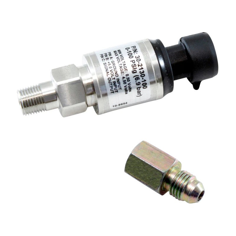 AEM stainless steel 100 PSIG pressure sensor with wiring connector and 1/8 inch NPT to -4 AN adapter