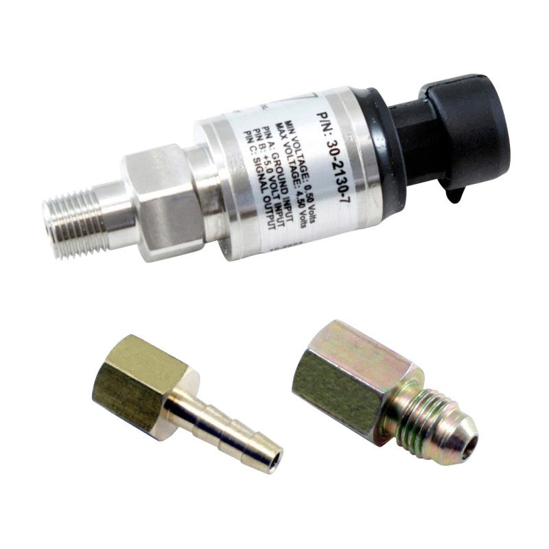 AEM 30-2130-7 7 BAR stainless steel MAP sensor with weather-resistant connector and NPT to AN adapter.