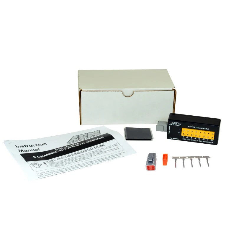 AEM 8-channel K-type thermocouple EGT CAN module featuring eight miniature sensor sockets and DTM connector.