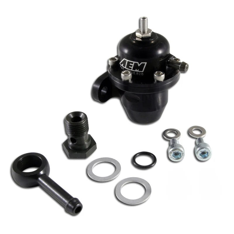 Black CNC-machined AEM adjustable fuel pressure regulator with interchangeable discharge ports.