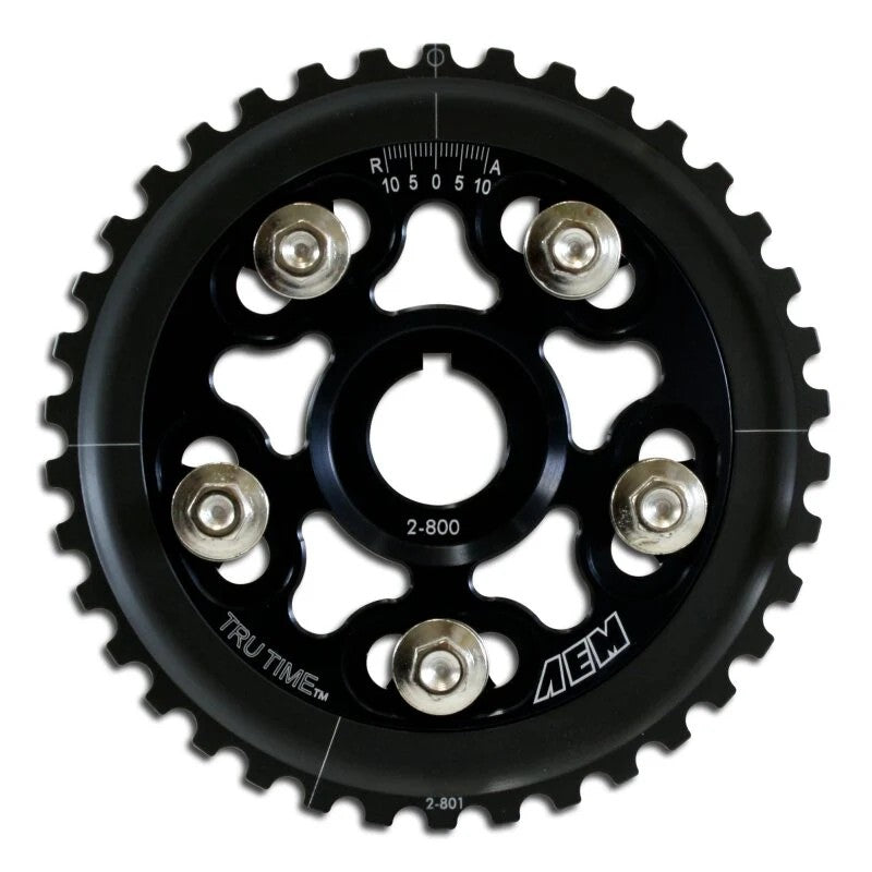 AEM Tru-Time black adjustable cam gear featuring laser-etched timing marks and Grade-8 hardware for Honda engines.