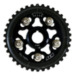 AEM Tru-Time black adjustable cam gear featuring laser-etched timing marks and Grade-8 hardware for Honda engines.
