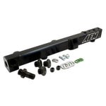 Black anodized AEM billet aluminum fuel rail for 1990-2001 Honda Accord and Prelude with installation hardware.