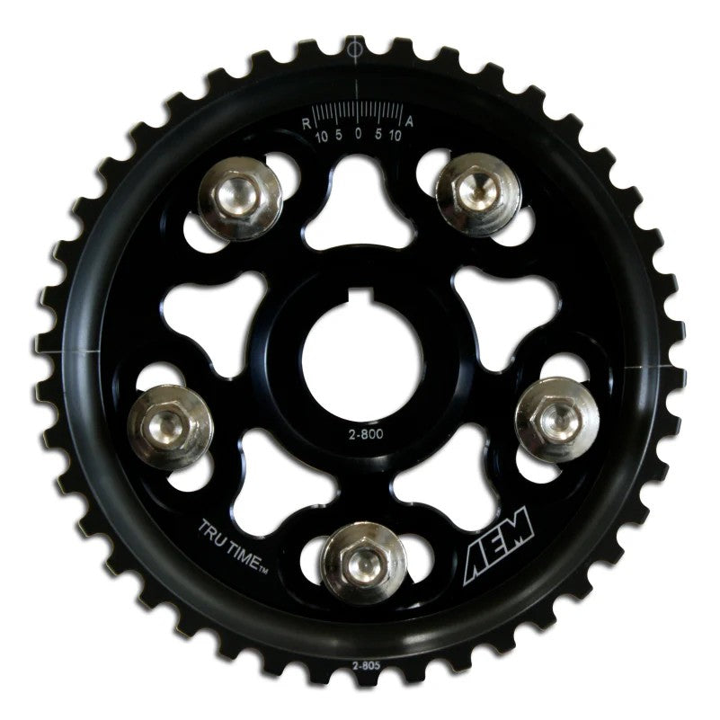 AEM Tru-Time adjustable cam gear in black for 1993-2001 Honda Prelude showing laser-etched timing marks.