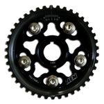 AEM Tru-Time adjustable cam gear in black for 1993-2001 Honda Prelude showing laser-etched timing marks.