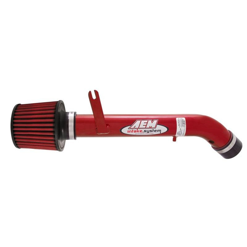 Red powder-coated AEM 22-401R Short Ram intake tube with grey conical Dryflow synthetic air filter.