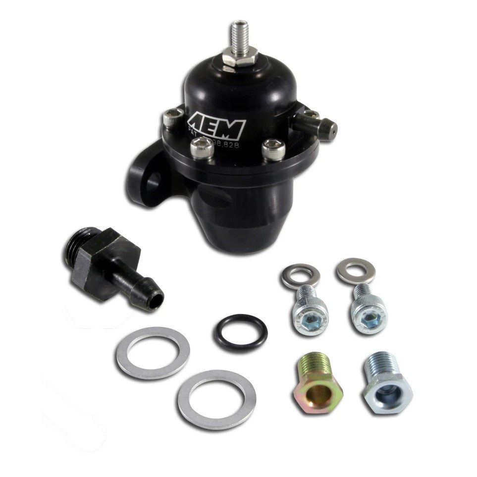Black AEM 25-300BK adjustable fuel pressure regulator CNC-machined from 6061-T6 billet aluminum.