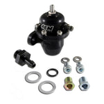 Black AEM 25-300BK adjustable fuel pressure regulator CNC-machined from 6061-T6 billet aluminum.
