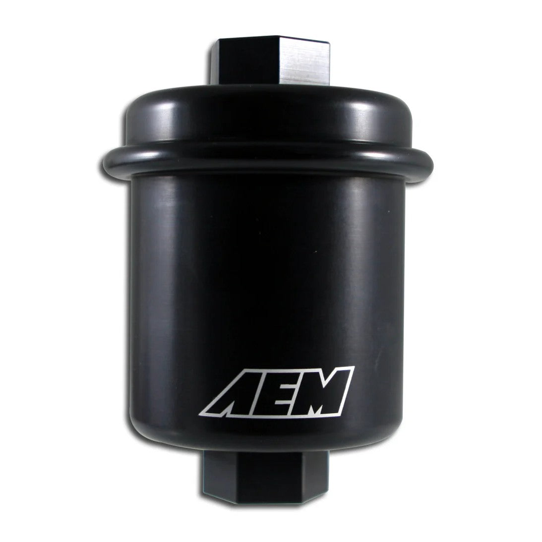 Black AEM 25-200BK high-volume fuel filter with 6061 aluminum body and double O-ring seals.