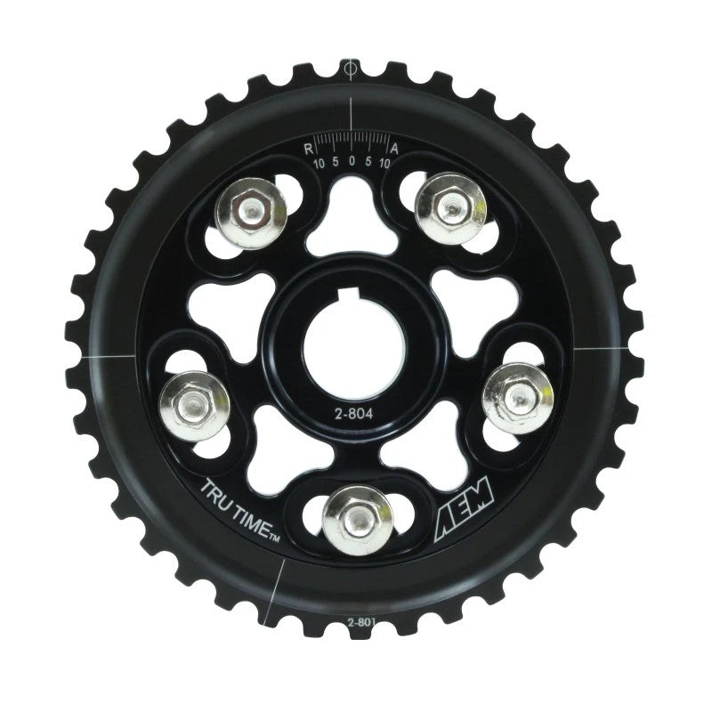AEM Tru-Time black adjustable cam gear with laser-etched timing marks and Grade-8 hardware for Honda D16 engines