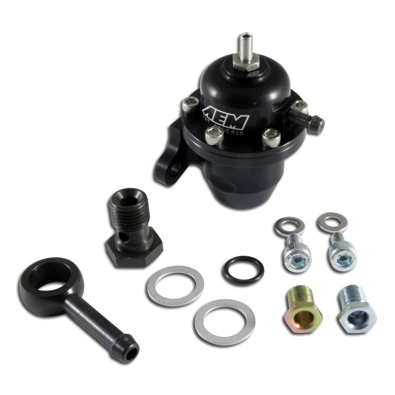 Black AEM 25-304BK adjustable fuel pressure regulator CNC-machined from billet aluminum for Honda and Acura.