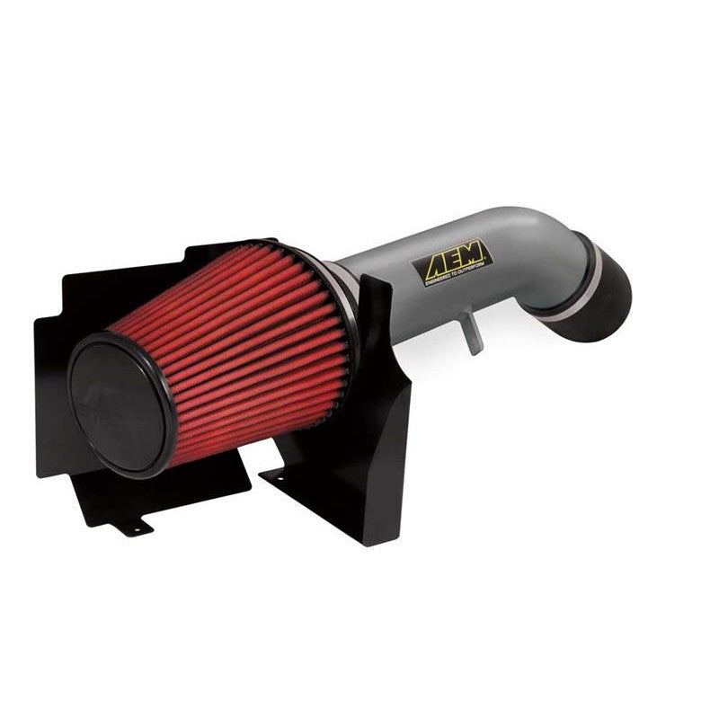 AEM Brute Force cold air intake with gunmetal gray aluminum tubing, heat shield, and red Dryflow synthetic air filter.