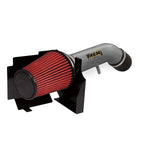 AEM Brute Force cold air intake with gunmetal gray aluminum tubing, heat shield, and red Dryflow synthetic air filter.