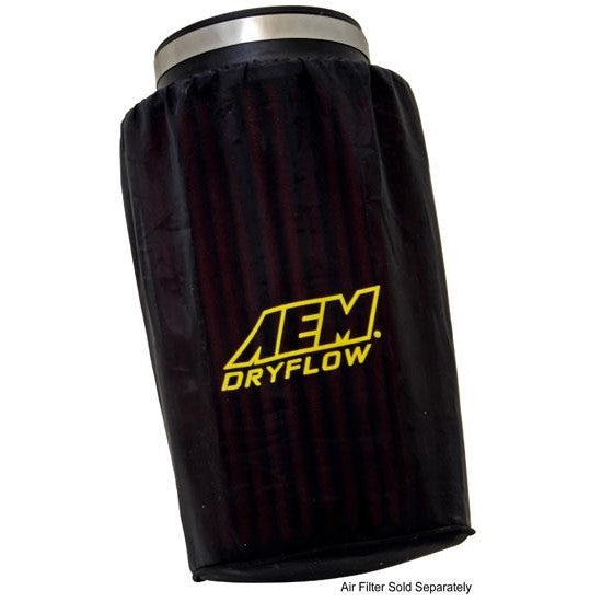 AEM Dryflow air filter pre-filter wrap featuring hydrophobic micro-screen mesh in 6-inch base by 9-inch tall dimensions.
