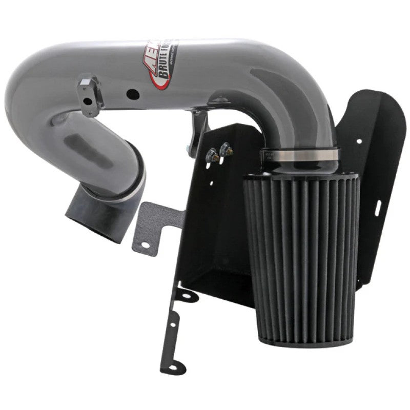 AEM Brute Force intake system with gunmetal gray aluminum tubing and a large gray tapered Dryflow air filter