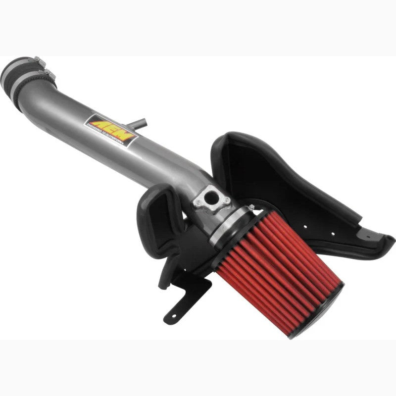 AEM gunmetal gray mandrel-bent aluminum intake tube with red Dryflow air filter and black heat shield