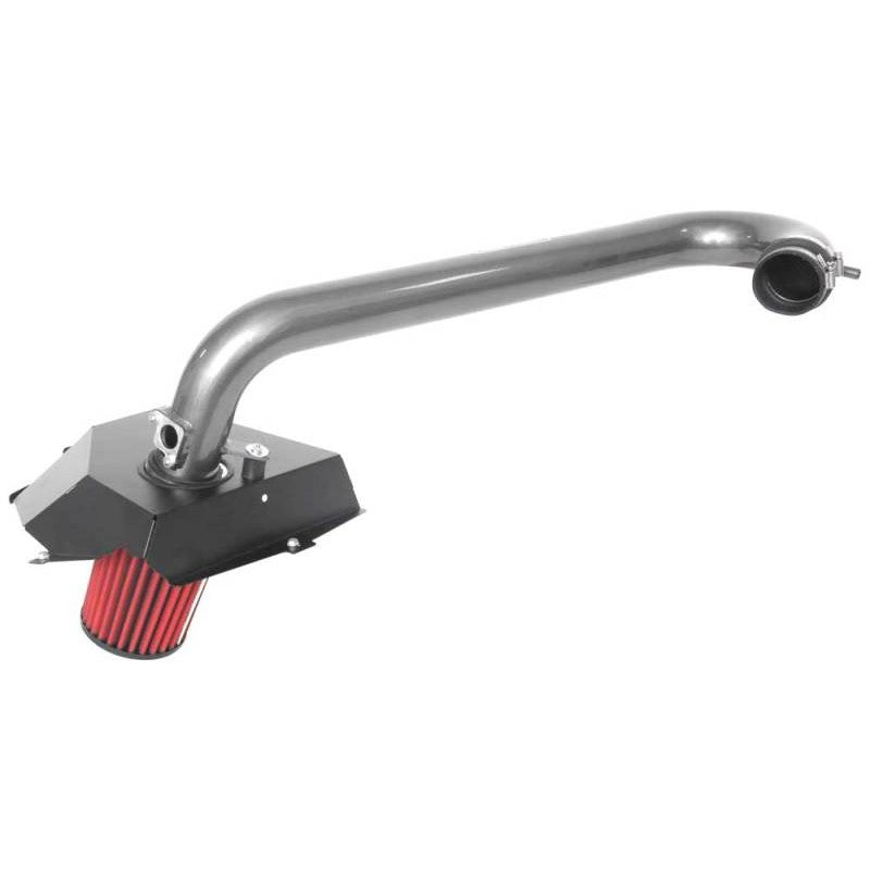 AEM Cold Air Intake with gunmetal gray mandrel-bent aluminum tube, red tapered Dryflow filter, and black heat shield.