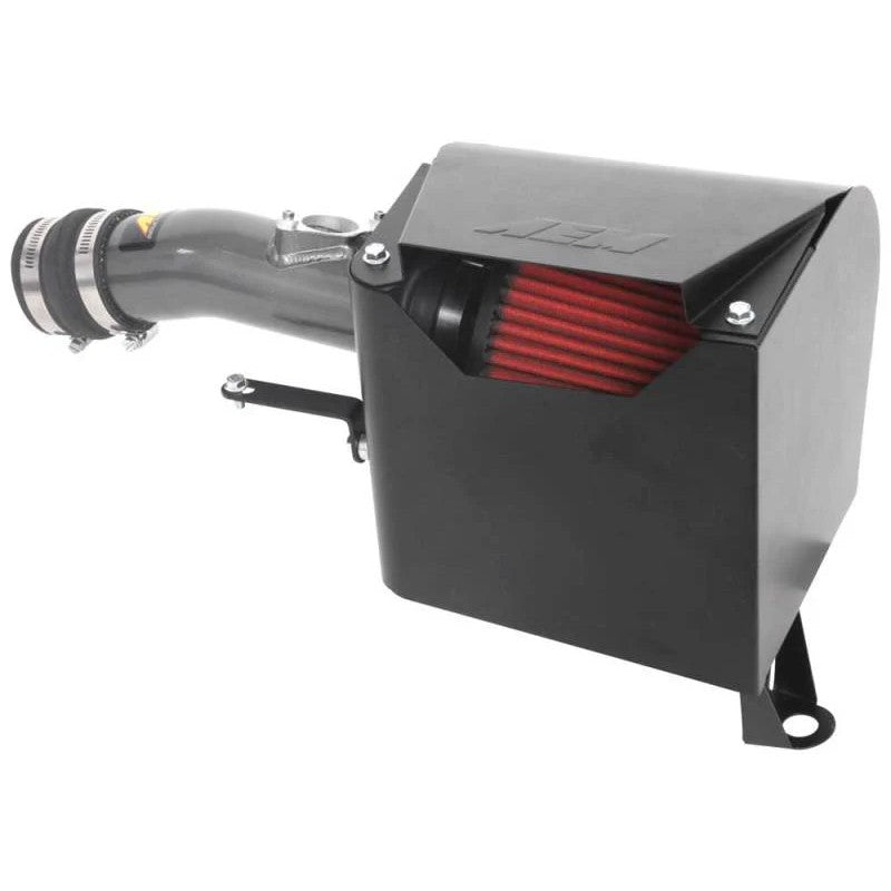 AEM 21-857C cold air intake system featuring gunmetal gray aluminum tubing and a conical Dryflow air filter.