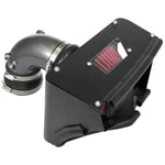 AEM gunmetal gray mandrel-bent aluminum intake tube with a red Dryflow synthetic air filter and custom heat shield.