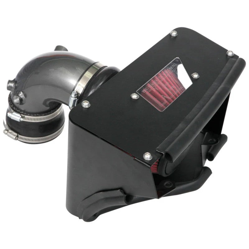 AEM gunmetal gray mandrel-bent aluminum intake tube with a red Dryflow synthetic air filter and custom heat shield.