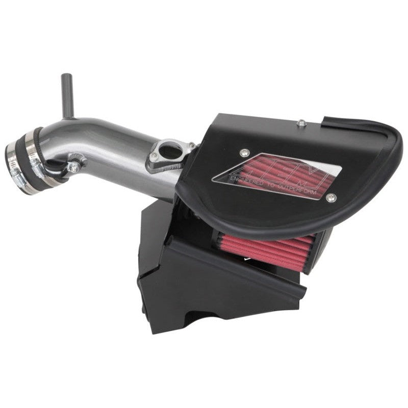 AEM 21-865C cold air intake system with gunmetal gray aluminum tube, heat shield, and red conical air filter.