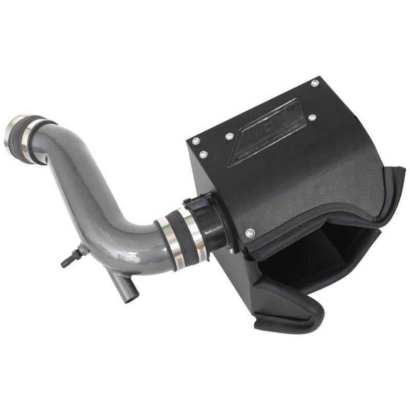 AEM 21-885C cold air intake system featuring gunmetal gray aluminum tubing, heat shield, and red Dryflow air filter.