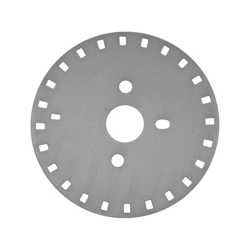 AEM 30-8761 50mm cam angle sensor trigger disc for Nissan RB and VG engines showing precision-cut timing slots.