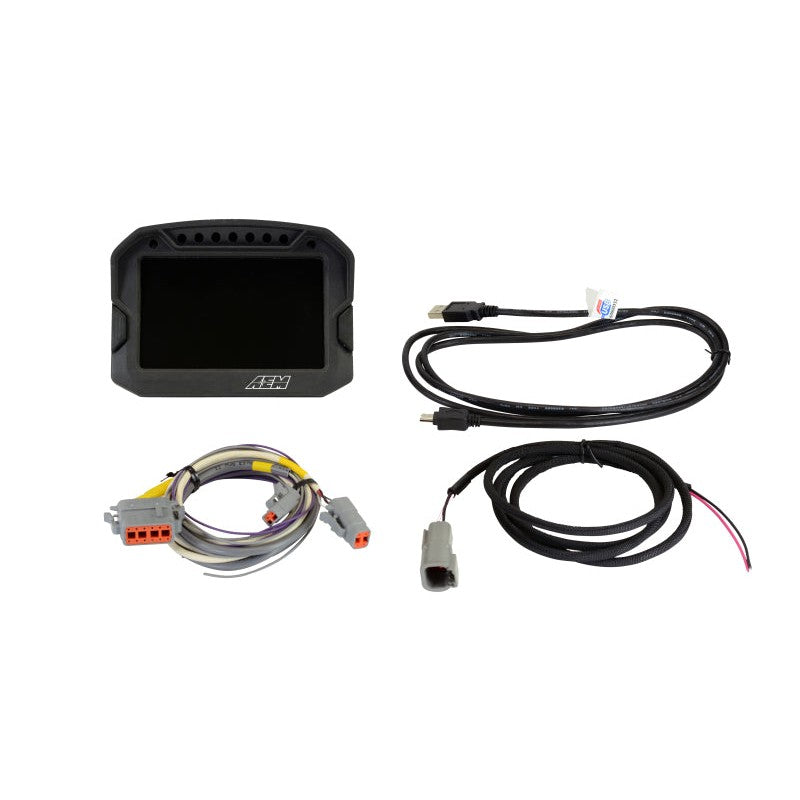 AEM CD-5 Carbon digital dash display featuring a 5-inch color screen and flow-molded carbon fiber housing.