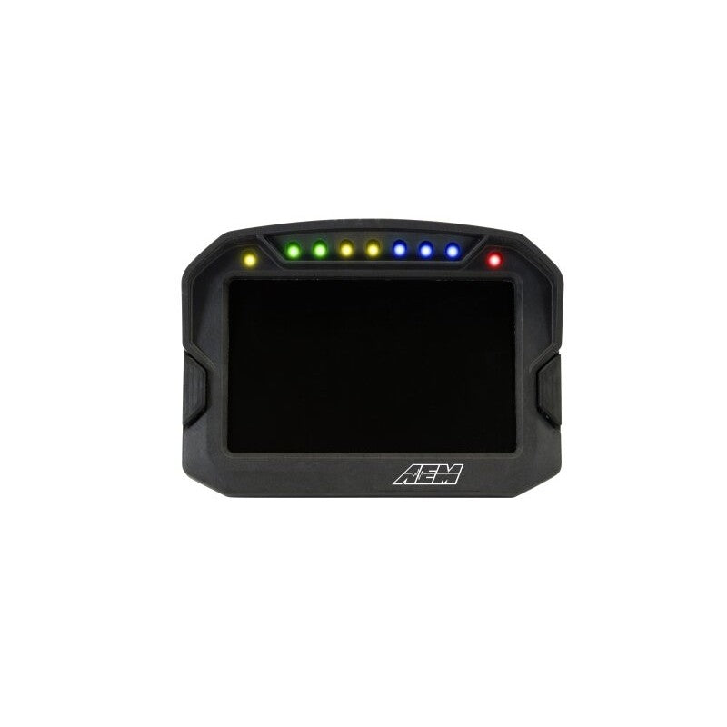 AEM CD-5G Carbon Digital Dash Display with 5-inch full-color screen and integrated 7-LED shift light bar.