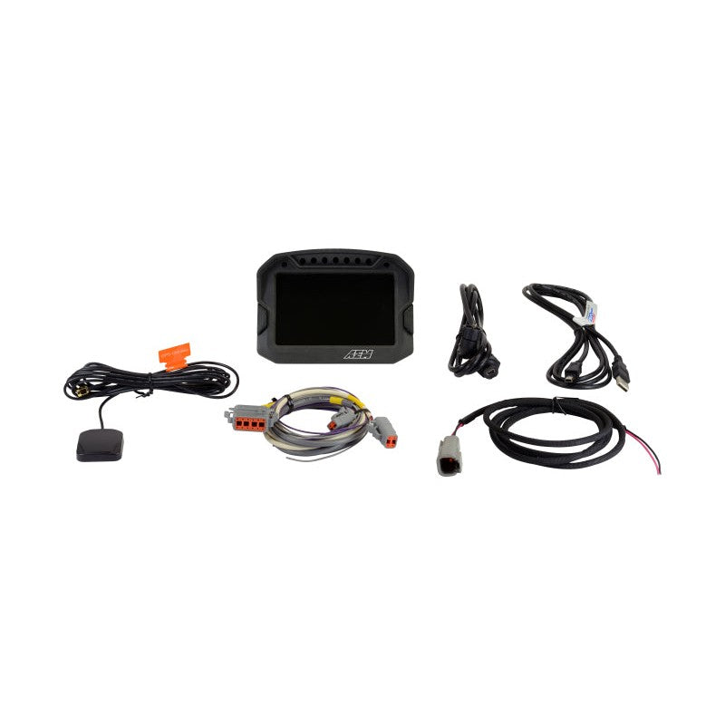 AEM CD-5LG 5-inch carbon fiber digital dash display with 10Hz GPS, internal logging, and integrated shift lights.