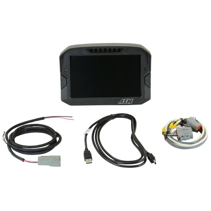 AEM CD-7 Carbon digital dash display with flow-molded carbon fiber housing and 7-inch full color screen.